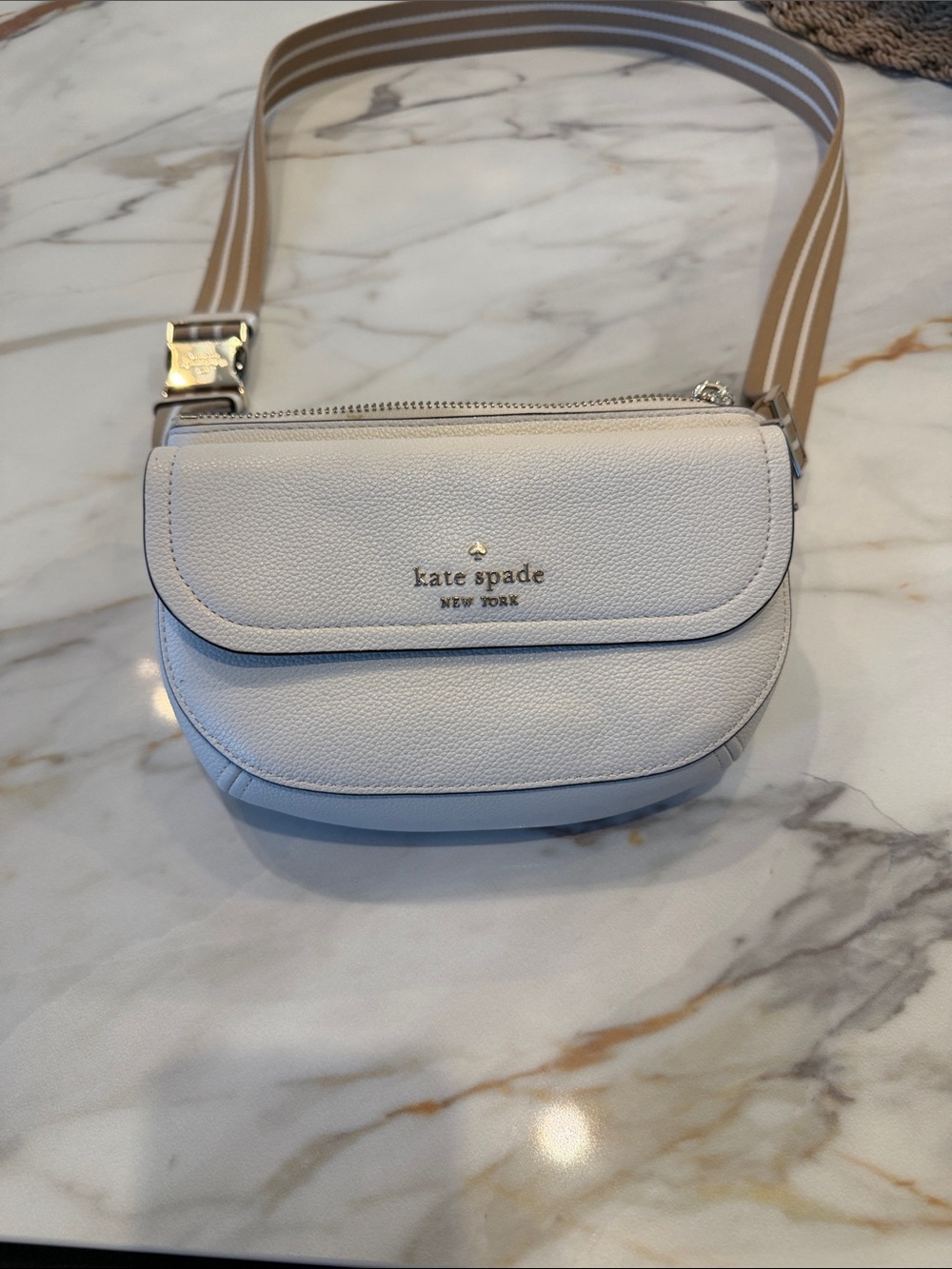 kate spade white pebbled leather crossbody belt bag with striped strap